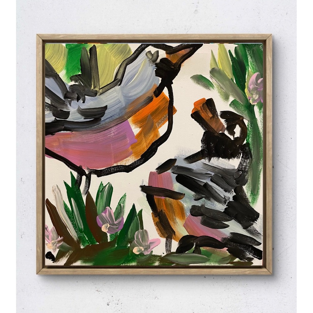 OMAN Original Abstract Bird Painting 12x12 Framed Canvas Wall Art Modern Decor